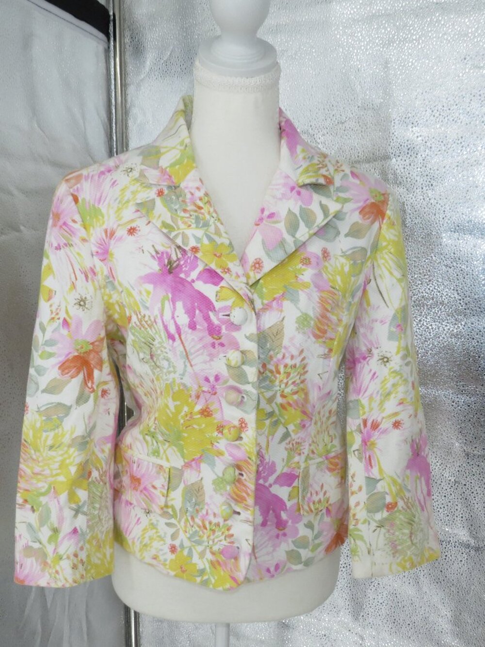 Ideology Floral Blazer Jacket Womens size 6 Pink Yellow Stretch Fitted Suit Coat
